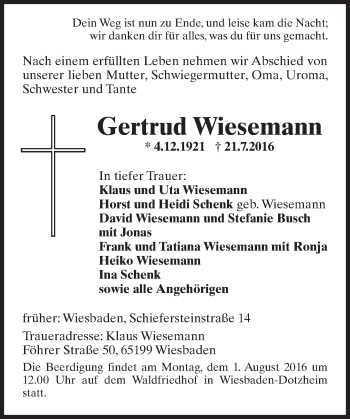 Traueranzeige von Gertrud Wiesemann von Trauerportal Rhein Main Presse