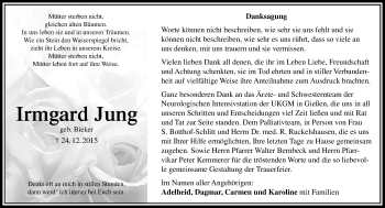 Traueranzeige von Irmgard Jung von  OK Oberhessen Kurier