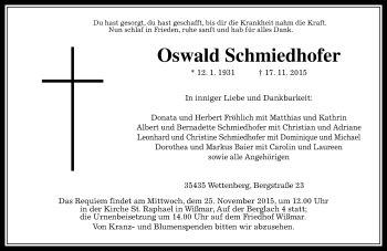 Traueranzeige von Oswald Schmiedhofer von  Gießener Anzeiger