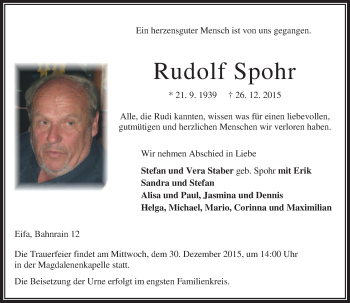 Traueranzeige von Rudolf Spohr von VRM Trauer