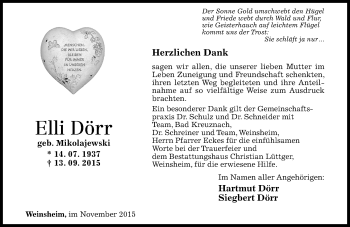 Traueranzeige von Elli Dörr von  Allg. Zeitung Bad Kreuznach
