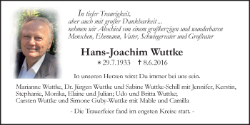 Traueranzeige von Hans Joachim Wuttke von Trauerportal Echo Online