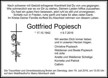 Traueranzeige von Gottfried Popiesch von Trauerportal Rhein Main Presse