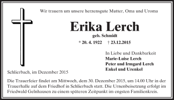Traueranzeige von Erika Lerch von  Gelnhäuser Tageblatt