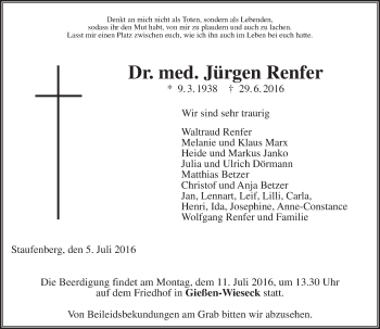 Traueranzeige von Jürgen Renfer von  Gießener Anzeiger