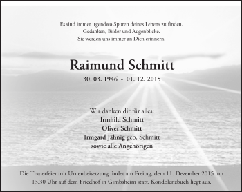 Traueranzeige von Raimund Schmitt von  Wormser Zeitung