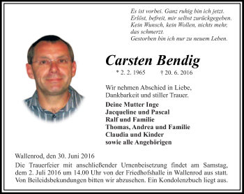 Traueranzeige von Carsten Bendig von VRM Trauer