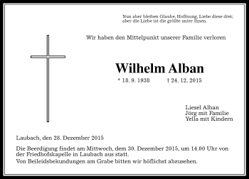 Traueranzeige von Wilhelm Alban von  Gießener Anzeiger