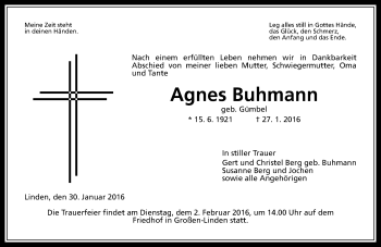 Traueranzeige von Agnes Buhmann von  Gießener Anzeiger