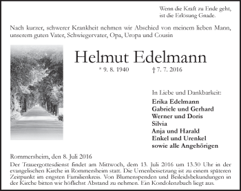 Traueranzeige von Helmut Edelmann von Trauerportal Rhein Main Presse