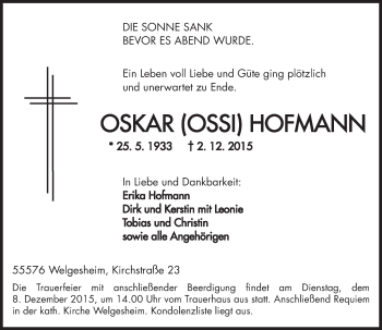 Traueranzeige von Oskar Hofmann von  Allgemeine  Zeitung Ingelheim-Bingen
