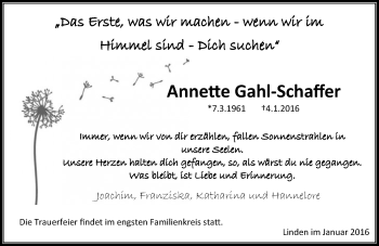 Traueranzeige von Annette Gahl-Schaffer von  Gießener Anzeiger