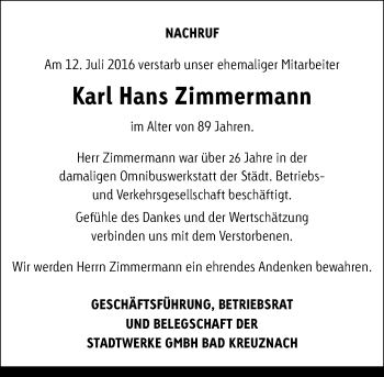 Traueranzeige von Karl Hans Zimmermann von Trauerportal Rhein Main Presse