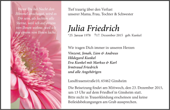 Traueranzeige von Julia Friedrich von  Allgemeine Zeitung Mainz