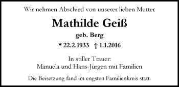 Traueranzeige von Mathilde Geiß von  Allgemeine Zeitung Mainz