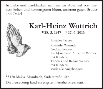 Traueranzeige von Karl-Heinz Wottrich von Trauerportal Rhein Main Presse