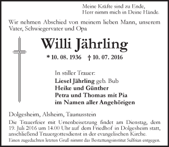 Traueranzeige von Willi Jährling von Trauerportal Rhein Main Presse