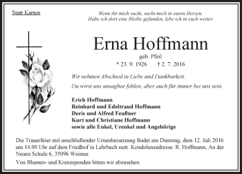 Traueranzeige von Erna Hoffmann von VRM Trauer