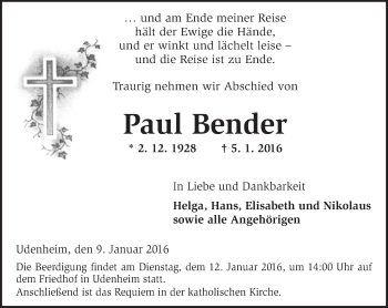 Traueranzeige von Paul Bender von  Allgemeine Zeitung Alzey