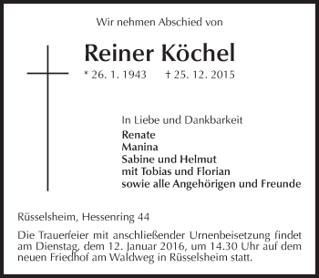 Traueranzeige von Reiner Köchel von  Mainspitze