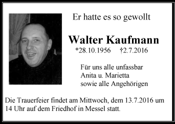 Traueranzeige von Walter Kaufmann von Trauerportal Echo Online