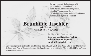 Traueranzeige von Brunhilde Tischler von Trauerportal Rhein Main Presse