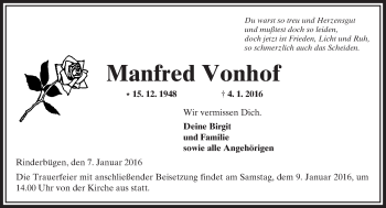 Traueranzeige von Manfred Vonhof von  Kreisanzeiger