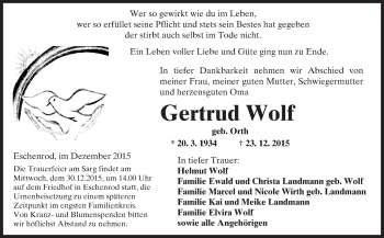 Traueranzeige von Gertrud Wolf von  Kreisanzeiger