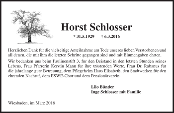 Traueranzeige von Horst Schlosser von  Wiesbaden komplett