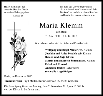 Traueranzeige von Maria Klemm von VRM Trauer