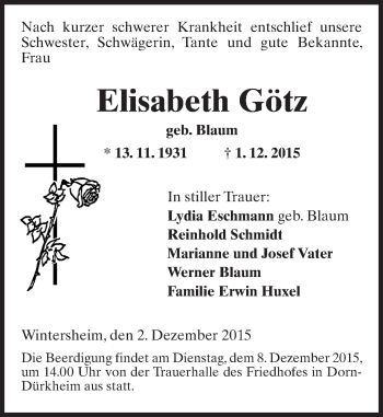 Traueranzeige von Elisabeth Götz von  Wormser Zeitung