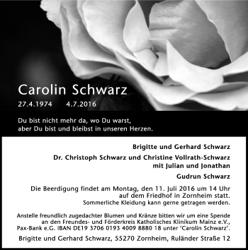 Traueranzeige von Carolin Schwarz von Trauerportal Rhein Main Presse