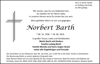 Traueranzeige von Norbert Barth von Trauerportal Rhein Main Presse
