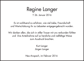 Traueranzeige von Regine Langer von  Usinger Anzeiger