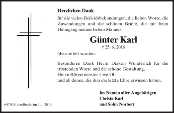 Traueranzeige von Günter Karl von Trauerportal Echo Online