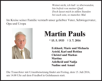 Traueranzeige von Martin Pauls von  GT am Sonntag