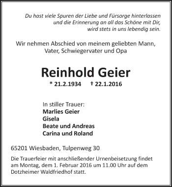 Traueranzeige von Reinhold Geier von  Wiesbaden komplett