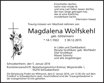 Traueranzeige von Magdalena Wolfskehl von  Allgemeine Zeitung Alzey