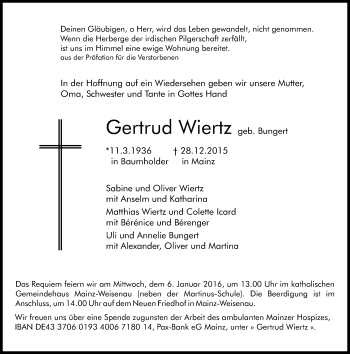 Traueranzeige von Gertrud Wiertz von  Allgemeine Zeitung Mainz