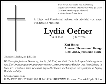 Traueranzeige von Lydia Oefner von  Gelnhäuser Tageblatt