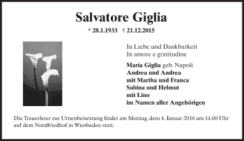 Traueranzeige von Salvatore Giglia von  Wiesbaden komplett