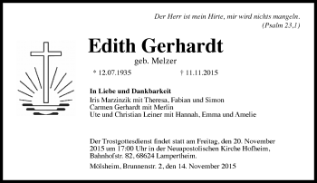 Traueranzeige von Edith Gerhardt von  Wormser Zeitung Traueranzeige von Edith Gerhardt von  Wormser Zeitung