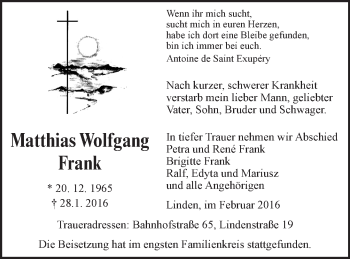 Traueranzeige von Matthias Wolfgang Frank von  Gießener Anzeiger