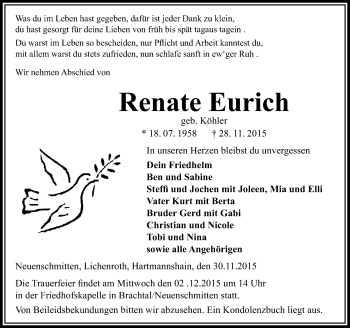 Traueranzeige von Renate Eurich von VRM Trauer