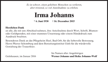 Traueranzeige von Irma Johanns von  GT Extra