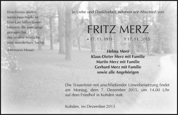 Traueranzeige von Fritz Merz von  Kreisanzeiger