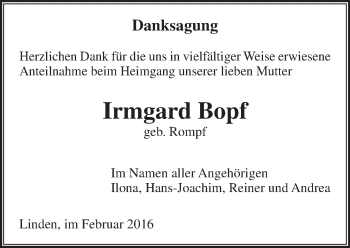 Traueranzeige von Irmgard Bopf von  Gießener Anzeiger