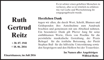 Traueranzeige von Ruth Gertrud Reitz von  Kreisanzeiger
