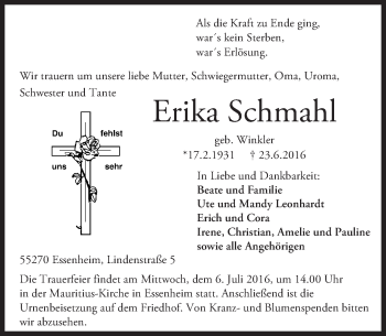 Traueranzeige von Erika Schmahl von Trauerportal Rhein Main Presse