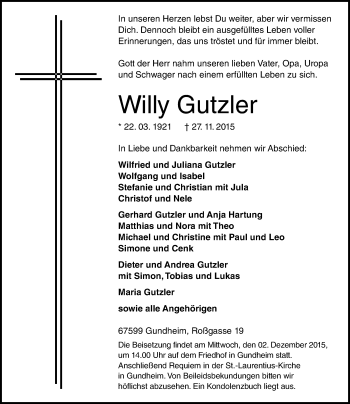 Traueranzeige von Willy Gutzler von  Allgemeine Zeitung Alzey